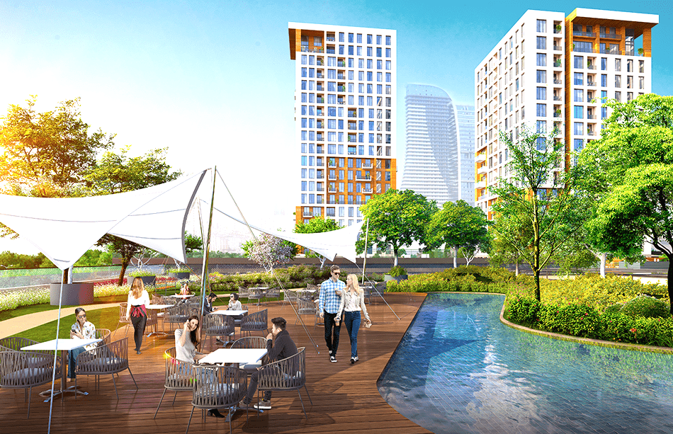 Синие небоскребы. Level property. Апартаменты экстерьер. Объекты жилой недвижимости. Небоскребы вид снизу.